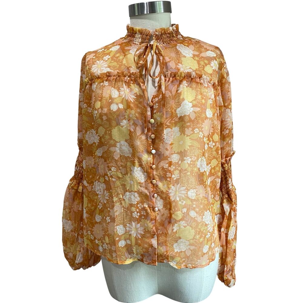 O.P.T X Anthropologie Orange Floral Sheer Smocked Long Sleeve Blouse